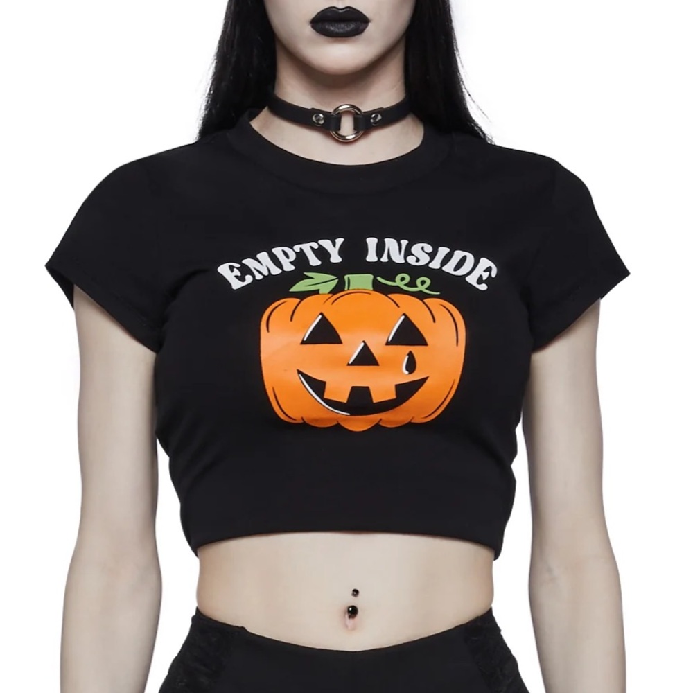Dolls Kill Haunted Hang Up Baby Tee - Size L - Black Tee with Pumpkin